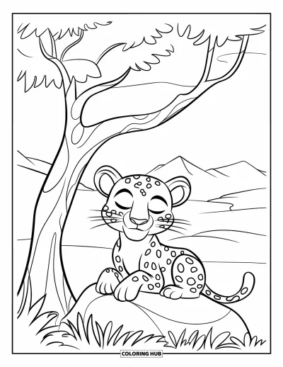Desenho de leopardo para colorir para crianças: Leopardo feliz descansa sob uma árvore simples com vista para montanhas tranquilas