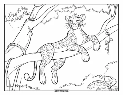 Desenho de leopardo para colorir para crianças: Leopardo senta calmamente em um galho rodeado de folhas e cipós