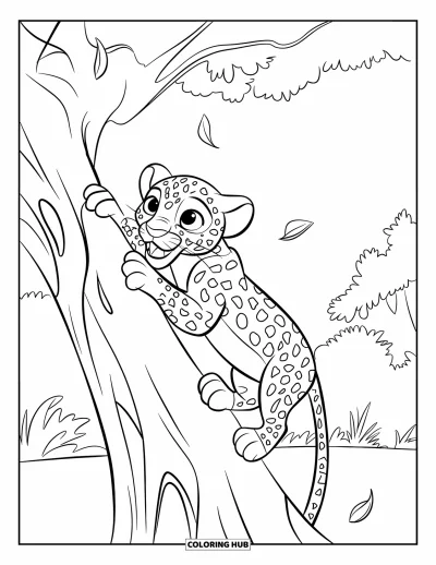Desenho de leopardo para colorir para crianças: Leopardo sobe em uma árvore mostrando os dentes com folhas caindo