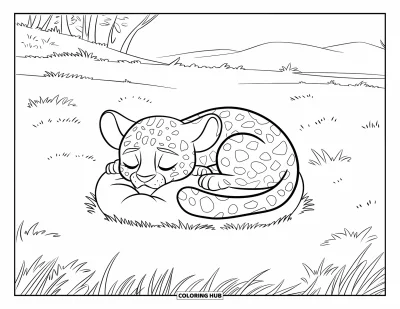 Desenho de leopardo para colorir para crianças: Filhote de leopardo dorme tranquilamente na grama com colinas e árvores ao redor