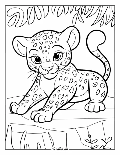 Desenho de leopardo para colorir para crianças: Filhote de leopardo se espreguiça alegremente em uma pedra na floresta