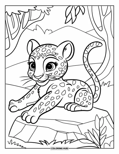 Desenho de leopardo para colorir para crianças: Filhote de leopardo se espreguiça em uma pedra com árvores e folhas ao fundo