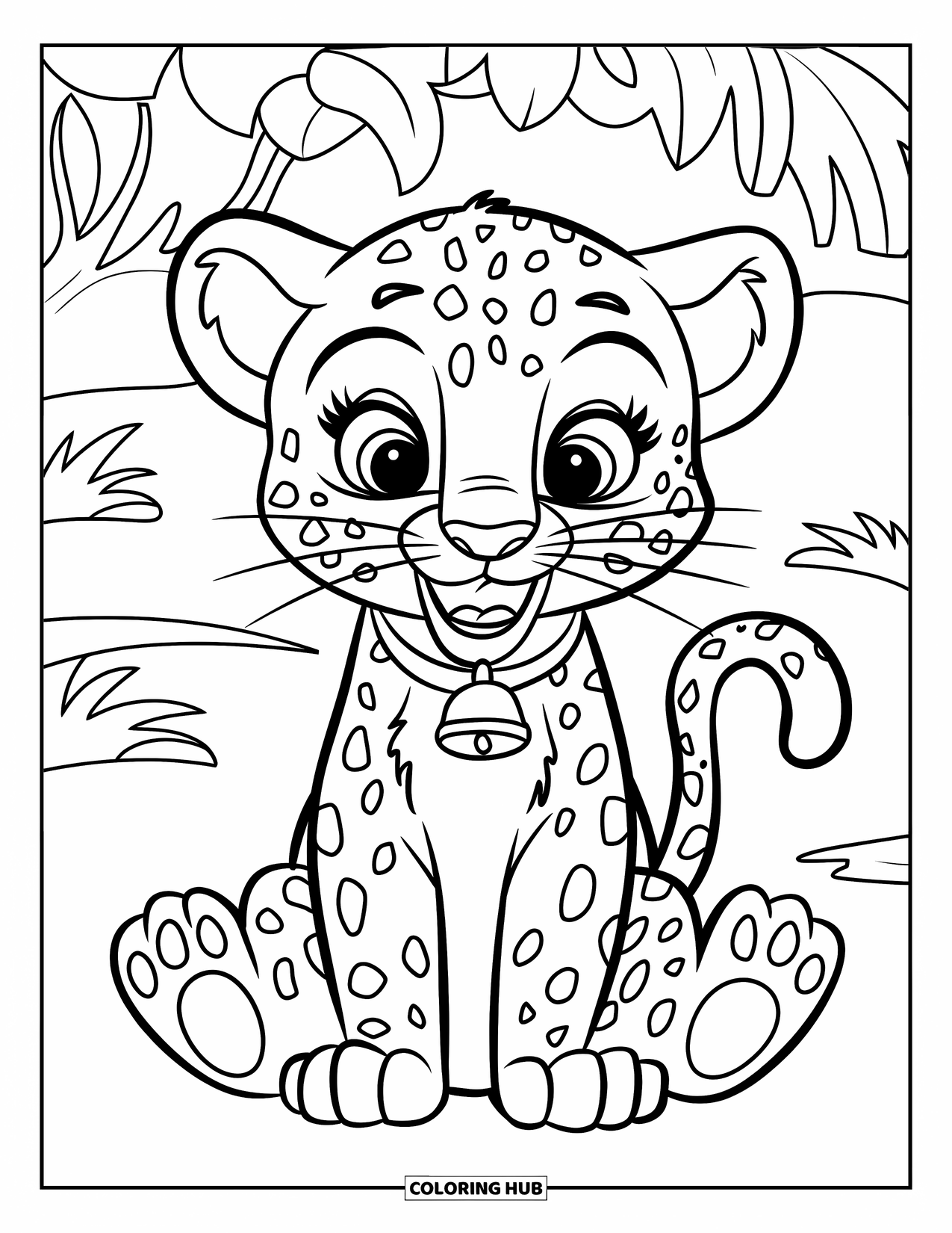 Leopard Coloring Page for Kids: Leopard cub with bell collar smiles while sitting in a green forest