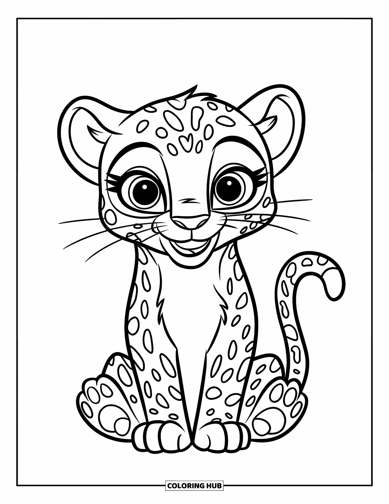 Leopard Coloring Page for Kids: Leopard cub with plush fur smiles sweetly on a blank background