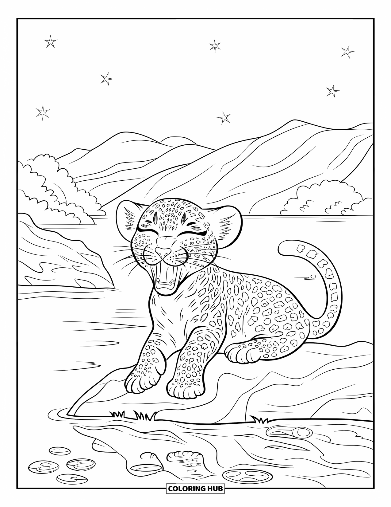 Leopard Coloring Page for Kids: Leopard cub yawns beside a calm lake with mountains in the distance
