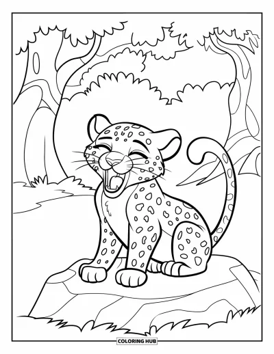 Desenho de leopardo para colorir para crianças: Filhote de leopardo boceja tranquilamente em uma pedra na floresta