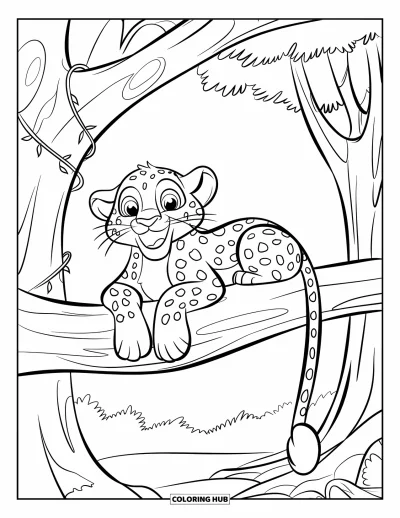 Desenho de leopardo para colorir para crianças: Leopardo dá um sorriso largo descansando em um galho na floresta