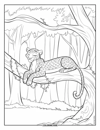 Desenho de leopardo para colorir para crianças: Leopardo deita tranquilamente em um galho em um cenário florestal calmo