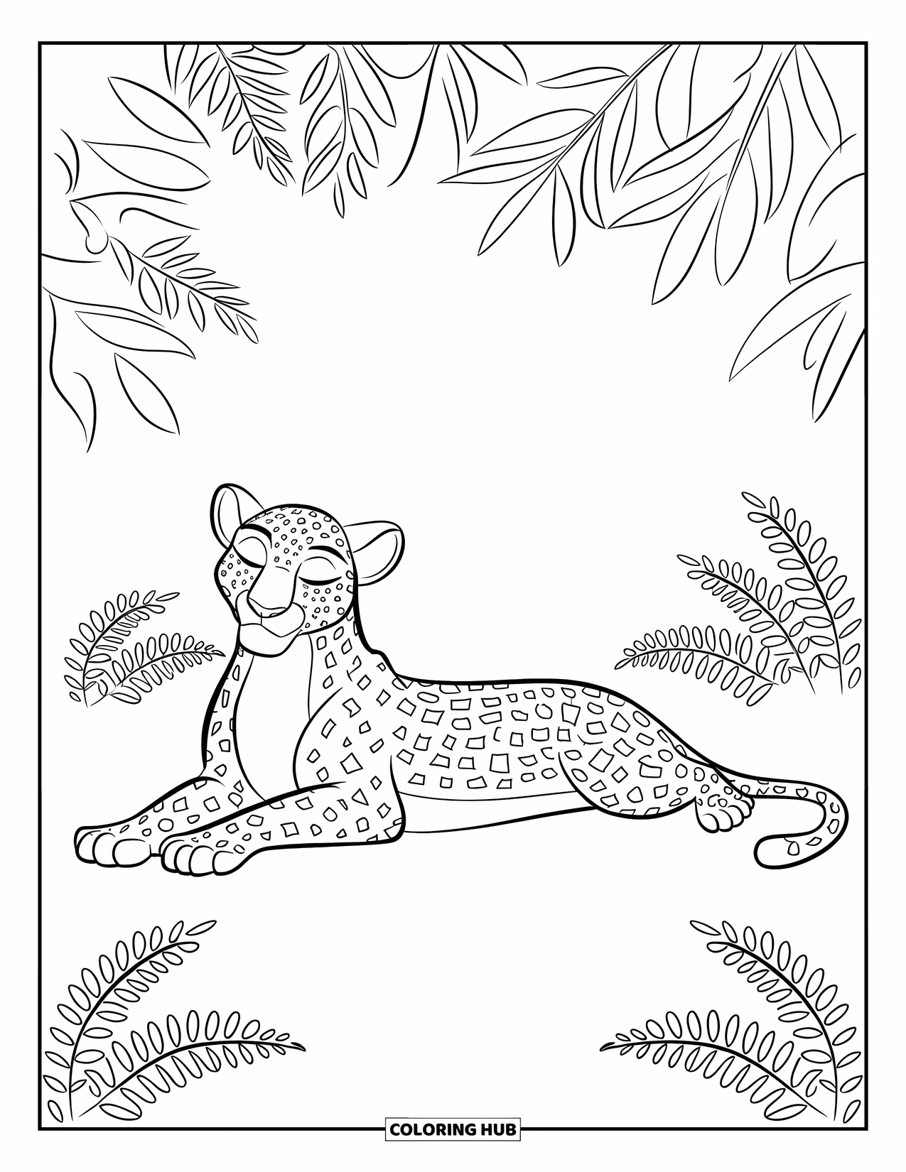 Leopard Coloring Page for Kids: Leopard lounges on its belly in a sunny spot with ferns nearby