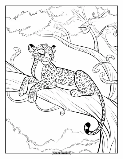 Desenho de leopardo para colorir para crianças: Leopardo cochila em um galho alto rodeado de cipós enrolados