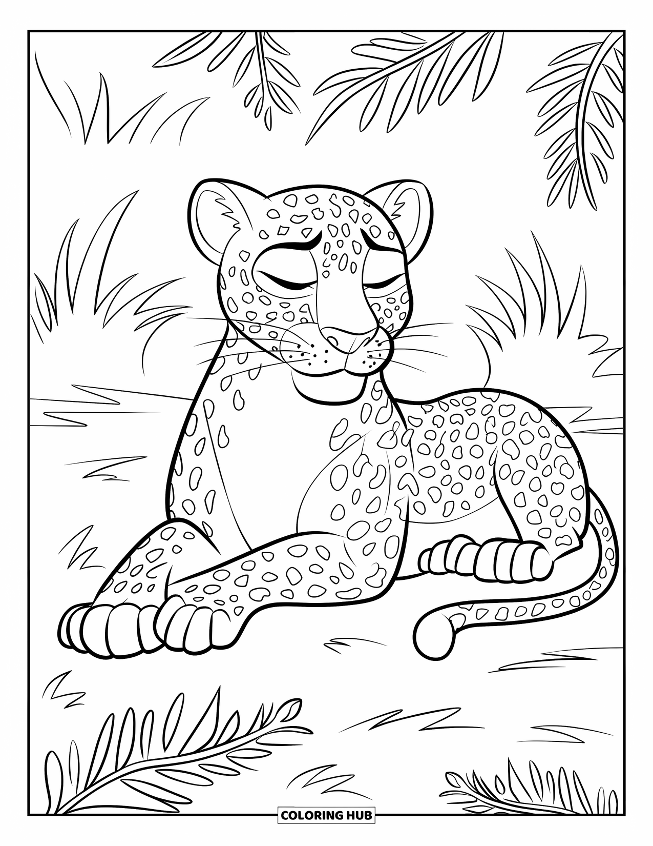 Leopard Coloring Page for Kids: Leopard naps peacefully in a sunny clearing surrounded by ferns