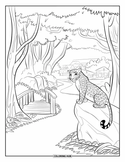 Desenho de leopardo para colorir para crianças: Leopardo empoleirado em uma pedra observa um caminho na floresta e uma aldeia ao longe