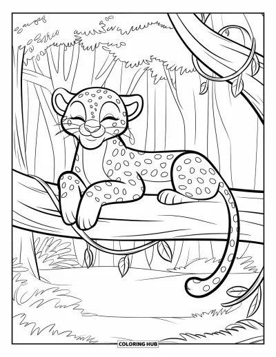 Desenho de leopardo para colorir para crianças: Leopardo relaxa em um galho grosso em uma floresta tranquila