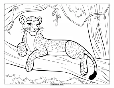 Desenho de leopardo para colorir para crianças: Leopardo relaxa em um galho com cipós em uma floresta tranquila