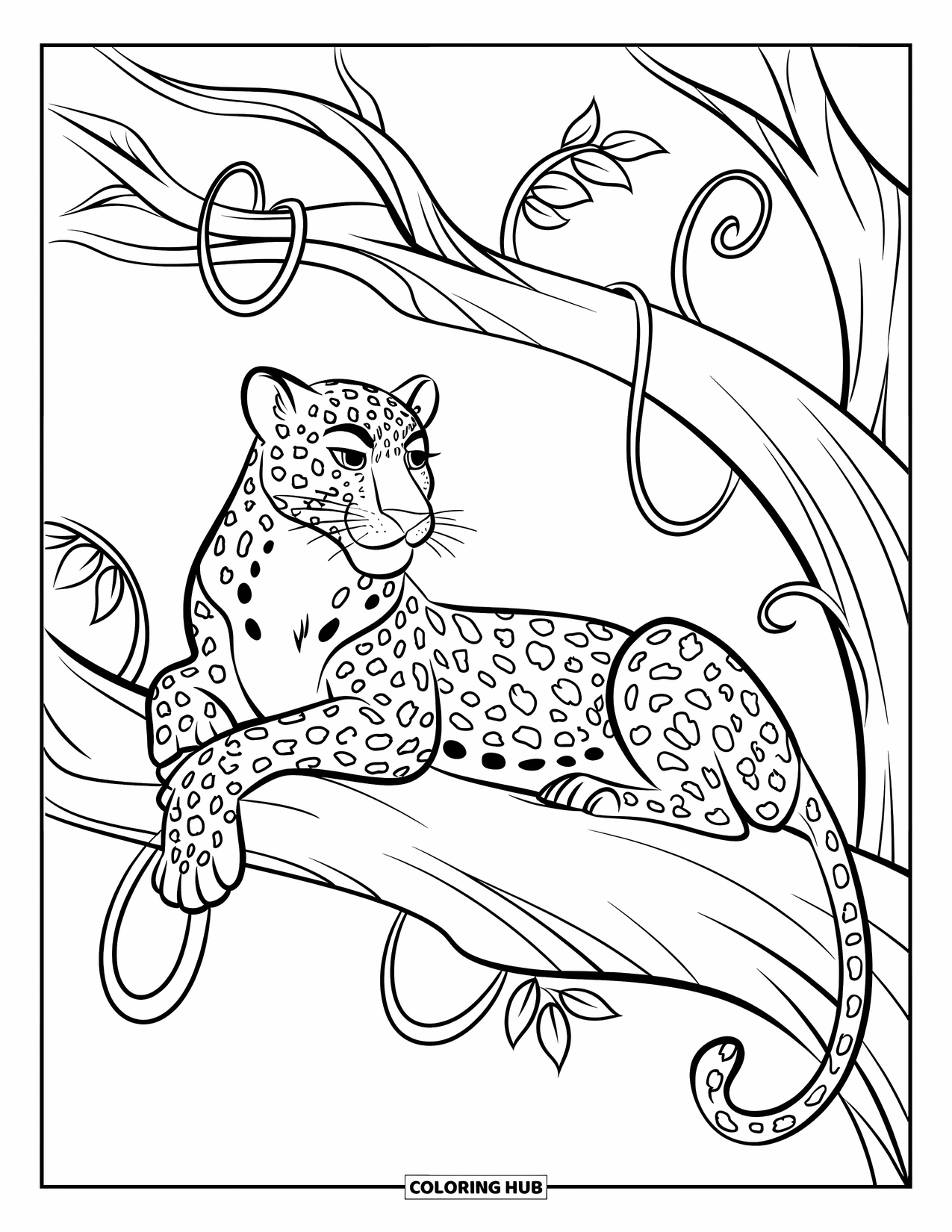 Leopard Coloring Page for Kids: Leopard rests gracefully on a tree branch wrapped with vines