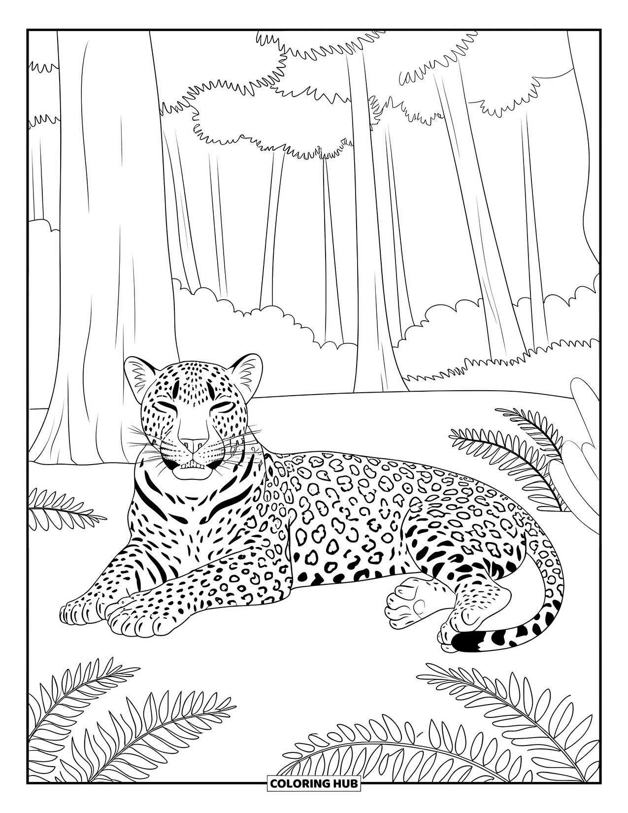 Leopard Coloring Page for Kids: Leopard rests in a fern-filled clearing under tall trees