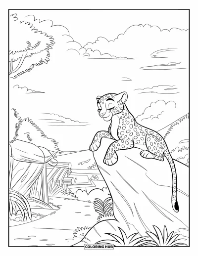 Desenho de leopardo para colorir para crianças: Leopardo descansa em uma pedra com vista para um caminho exuberante na selva