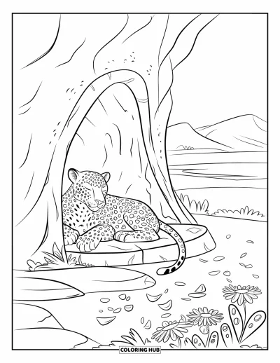 Desenho de leopardo para colorir para crianças: Leopardo descansa em uma caverna rodeada de flores e floresta