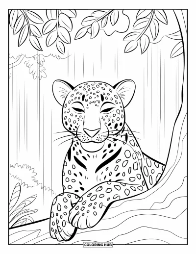 Desenho de leopardo para colorir para crianças: Leopardo descansa sob uma árvore enquanto uma chuva suave cai em uma floresta tranquila