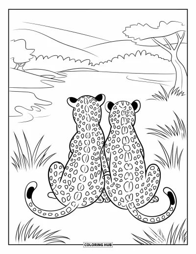 Desenho de leopardo para colorir para crianças: Leopardos irmãos descansam costas com costas em um prado gramado e tranquilo
