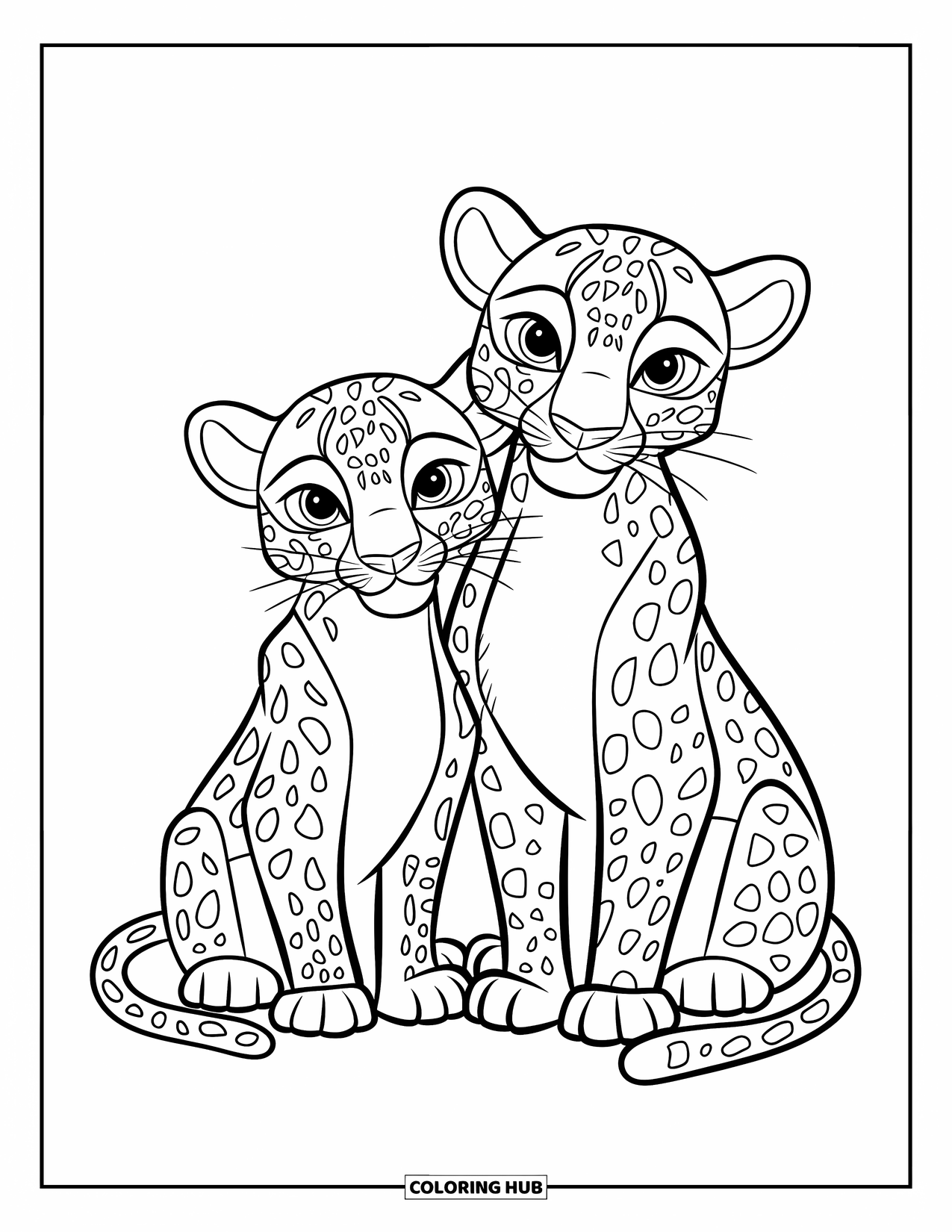 Leopard Coloring Page for Kids: Leopard siblings sit side-by-side on soft grass with a blank background
