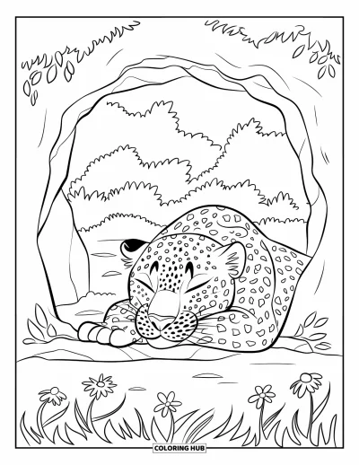 Desenho de leopardo para colorir para crianças: Leopardo dorme dentro de uma caverna aconchegante com flores na entrada