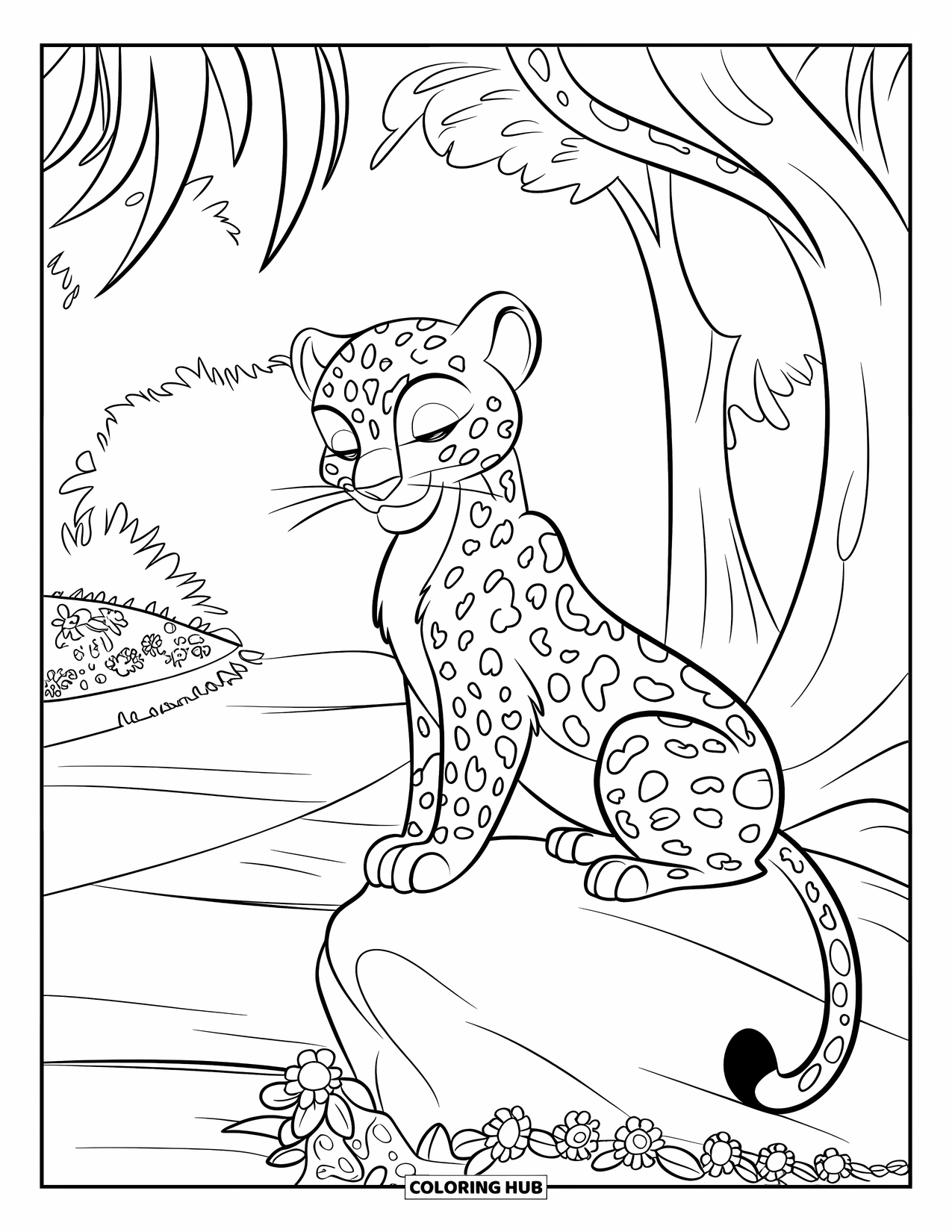 Leopard Coloring Page for Kids: Leopard sleeps on a rock above a jungle trail filled with flowers