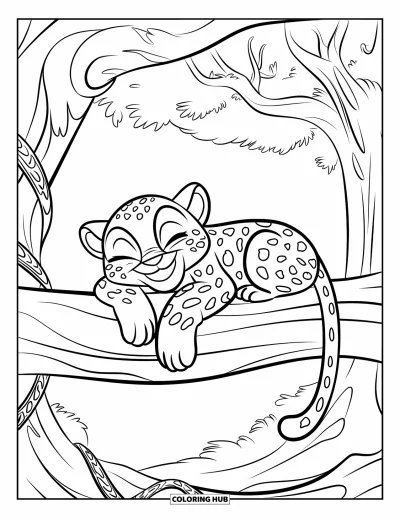 Desenho de leopardo para colorir para crianças: Leopardo sorri de olhos fechados em um galho coberto de folhas e cipós