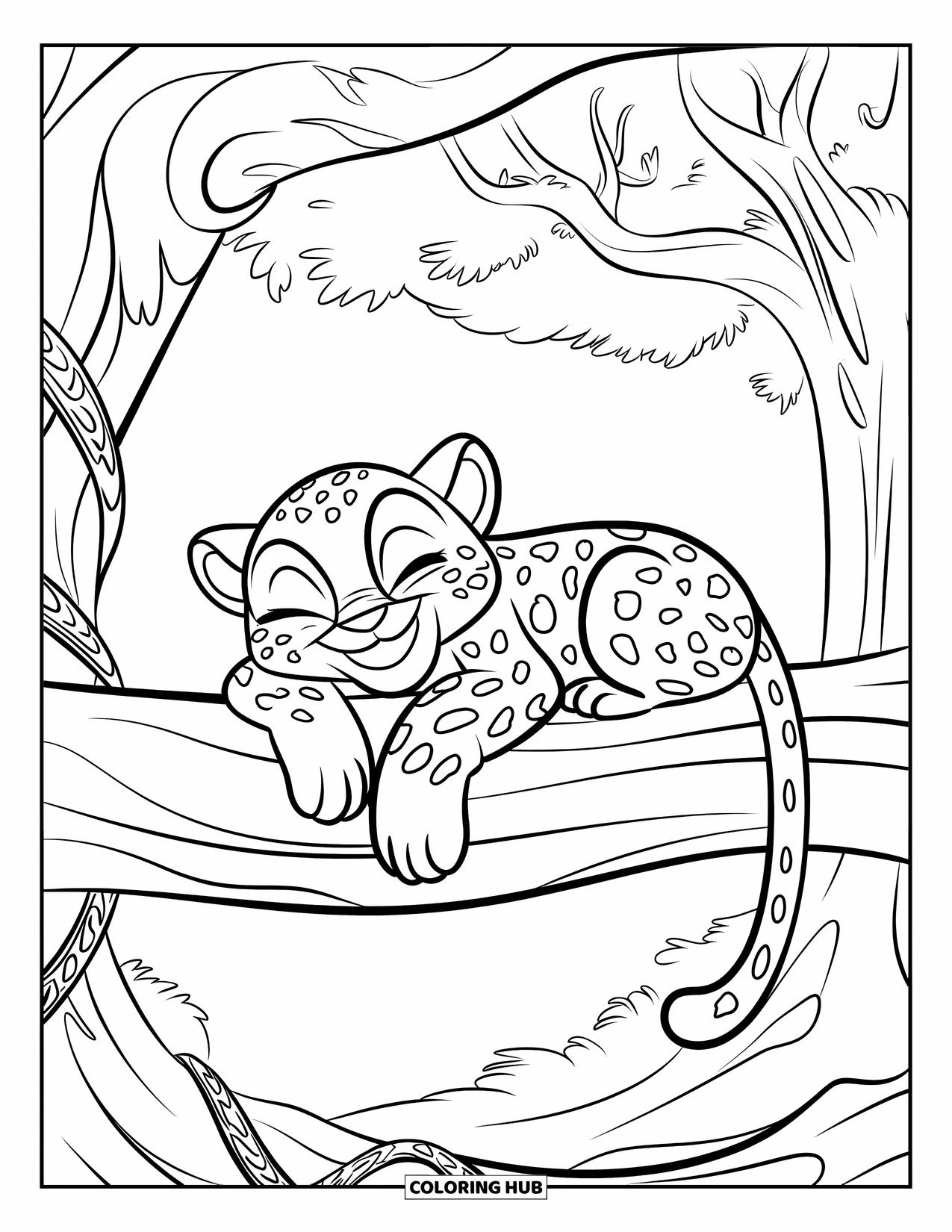 Leopard Coloring Page for Kids: Leopard smiles with eyes closed on a leafy branch surrounded by vines