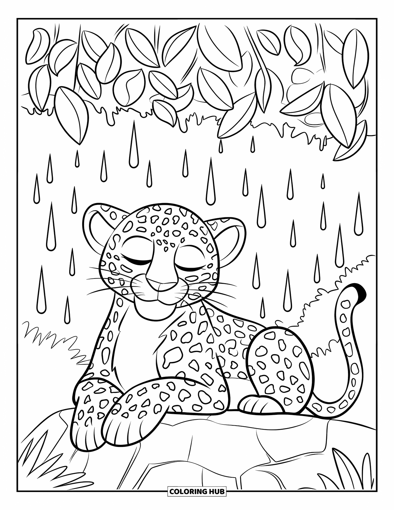 Leopard Coloring Page for Kids: Leopard takes a quiet break under rain with dripping leaves above