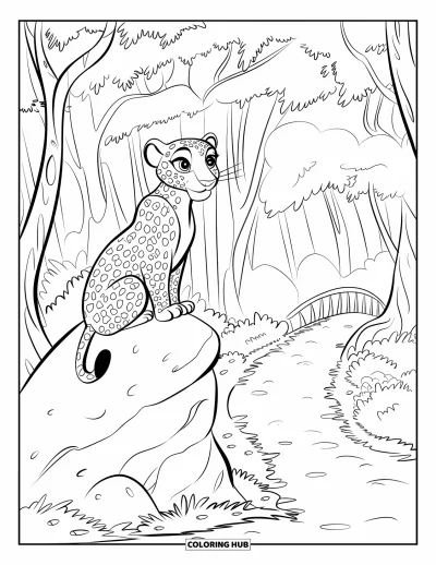Desenho de leopardo para colorir para crianças: Leopardo observa um caminho na selva ladeado de árvores e uma ponte enevoada