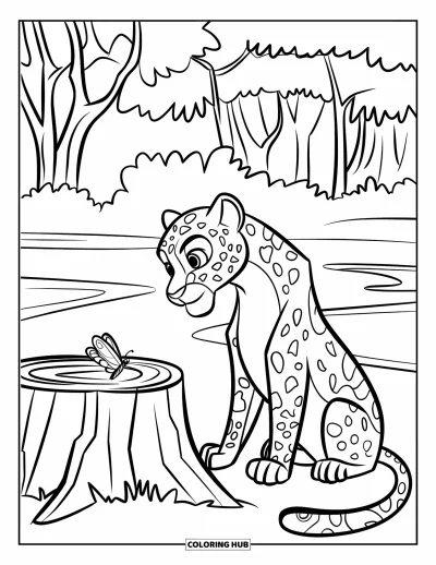 Desenho de leopardo para colorir para crianças: Leopardo com juba grande observa uma borboleta perto de um tronco na floresta