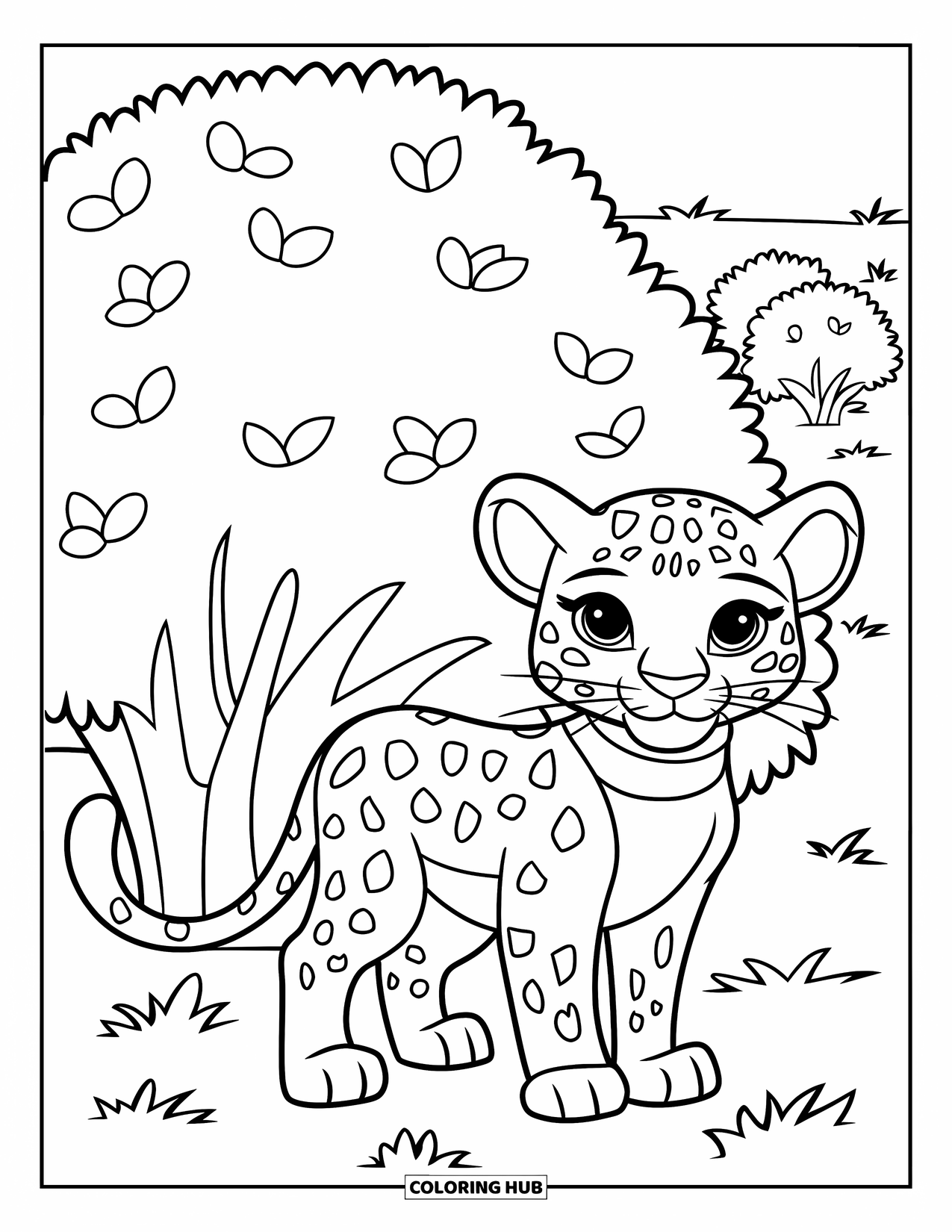 Leopard Coloring Page for Kids: Leopard with a white collar stands near bushes in a grassy field