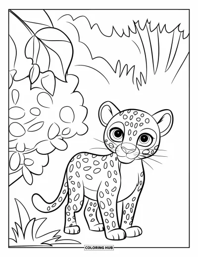 Desenho de leopardo para colorir para crianças: Leopardo de olhos grandes está ao lado de um arbusto de folhas redondas na floresta