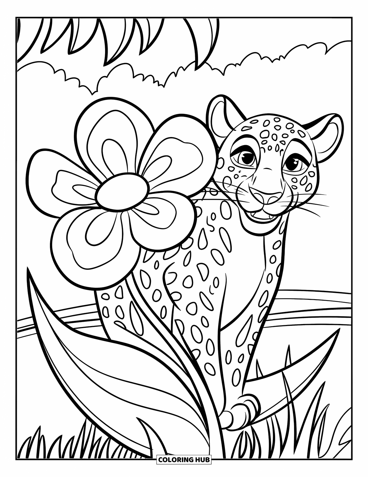 Leopard Coloring Page for Kids: Leopard with bold stripes peeks from behind a bright flower