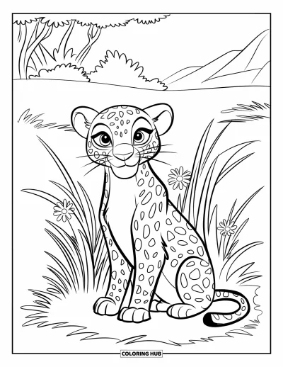 Desenho de leopardo para colorir para crianças: Leopardo com listras marcantes senta na grama alta com flores e árvores ao fundo