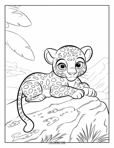 Desenho de leopardo para colorir para crianças: Leopardo com manchas redondas deita curioso em uma pedra perto das montanhas