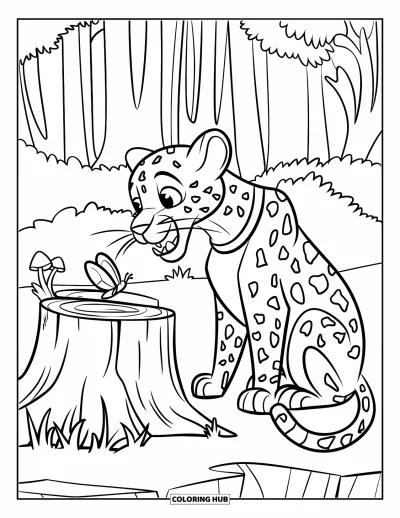 Desenho de leopardo para colorir para crianças: Leopardo com coleira observa uma borboleta voando sobre um tronco