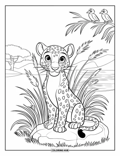 Desenho de leopardo para colorir para crianças: Leopardo de olhos curiosos senta em uma pedra enquanto pássaros pousam por perto