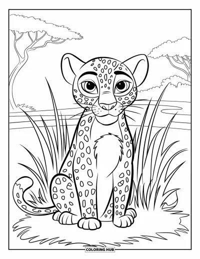 Desenho de leopardo para colorir para crianças: Leopardo com manchas brancas senta na grama balançando em uma savana tranquila