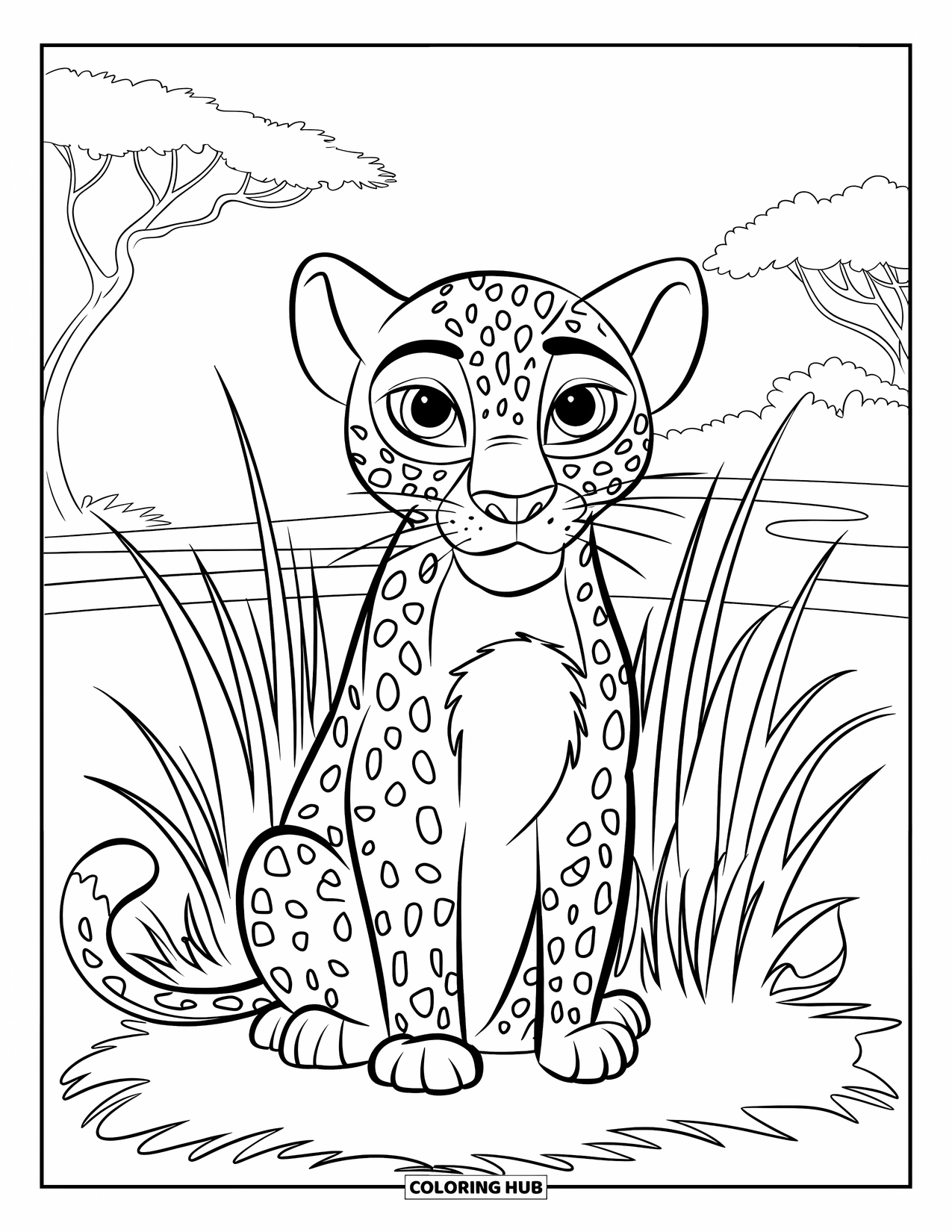 Leopard Coloring Page for Kids: Leopard with white fur patches sits in swaying grass on a quiet savanna
