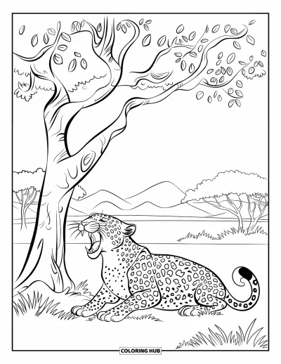Desenho de leopardo para colorir para crianças: Leopardo boceja sob uma árvore em uma cena de floresta clara pela manhã