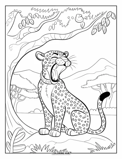 Desenho de leopardo para colorir para crianças: Leopardo boceja sob uma árvore enquanto a luz suave da manhã atravessa os galhos