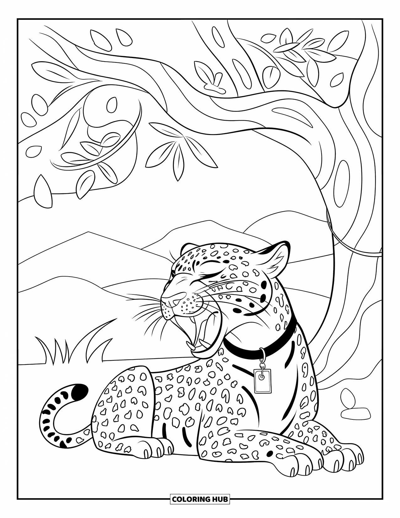 Leopard Coloring Page for Kids: Leopard yawns under a tree wearing a collar, surrounded by grass and hills