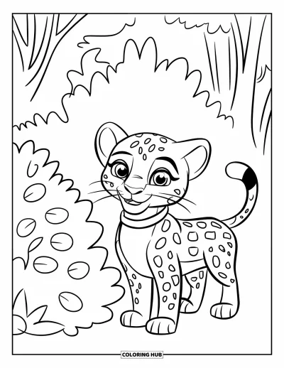 Desenho de leopardo para colorir para crianças: Leopardinho fica brincalhão ao lado de um arbusto com folhas na floresta
