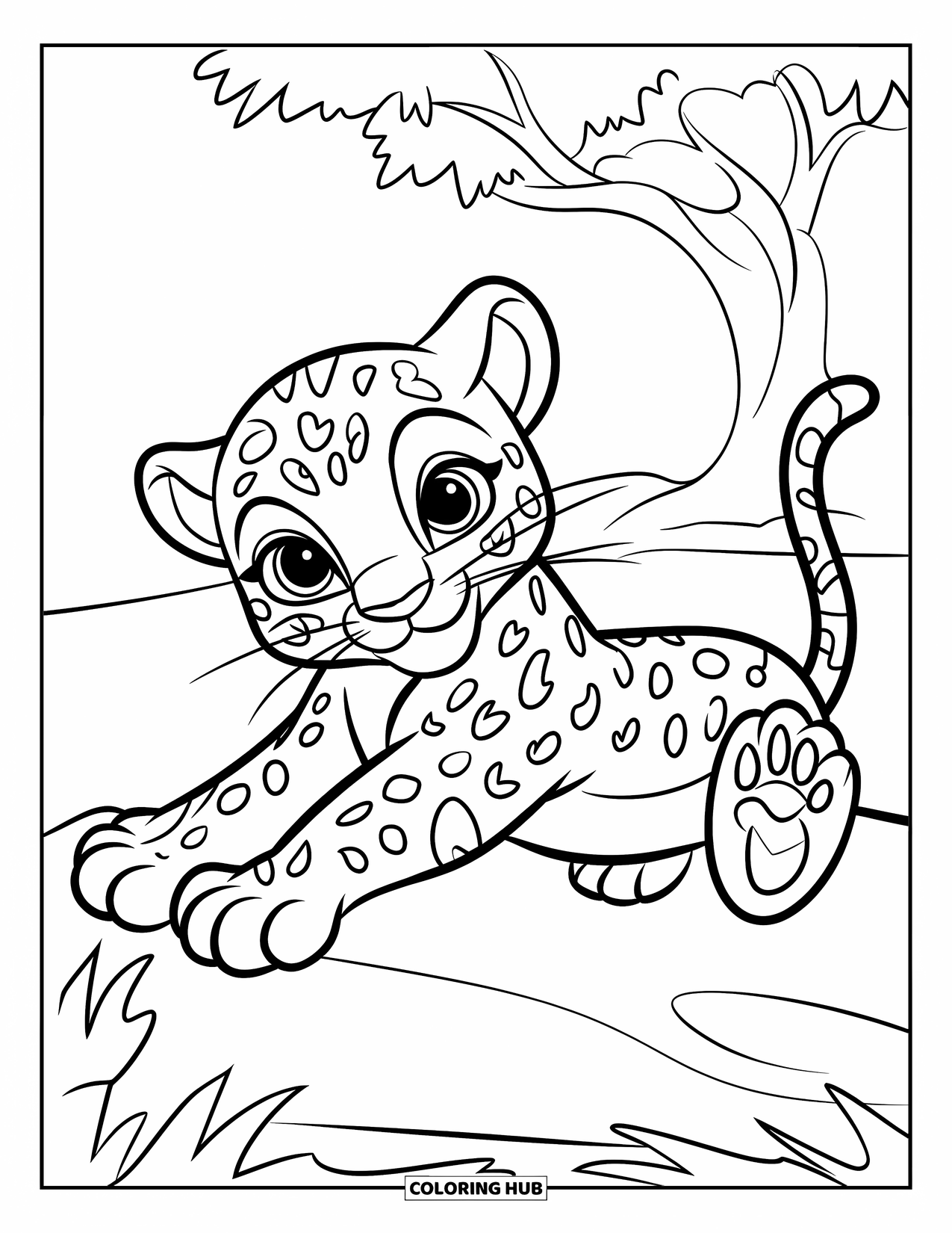 Leopard Coloring Page for Kids: Playful baby leopard stretches its paws while sitting on a rock