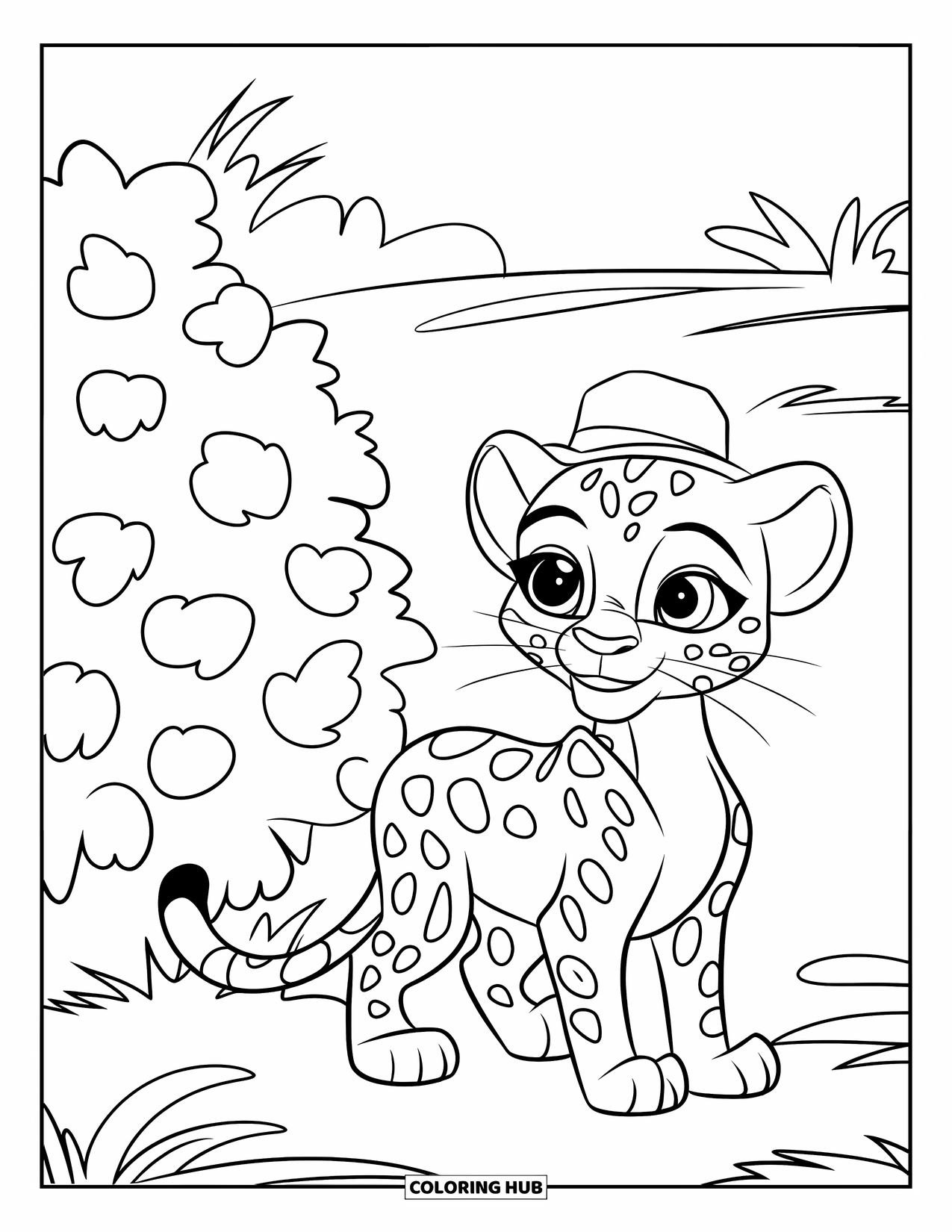 Leopard Coloring Page for Kids: Playful leopard with a hat stands next to a bush in a sunny field