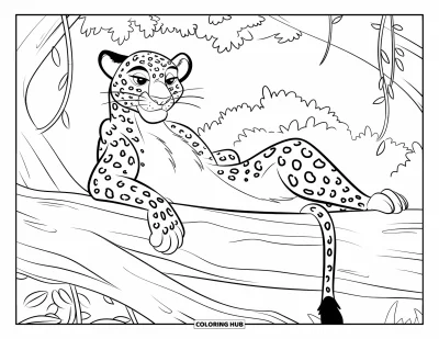 Desenho de leopardo para colorir para crianças: Leopardo relaxado descansa no chão rochoso perto de cipós e vegetação