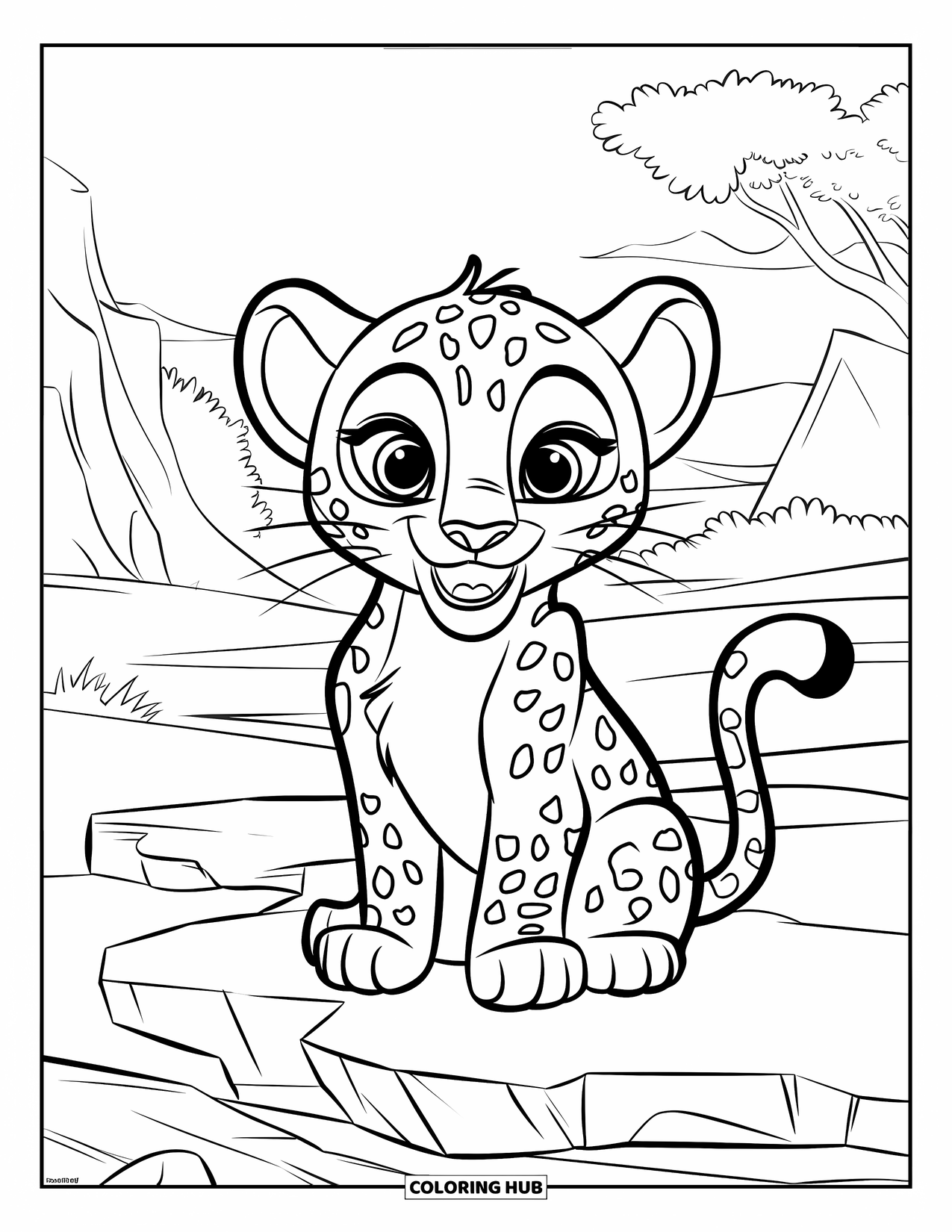 Leopard Coloring Page for Kids: Smiling leopard cub sits with tail curled on a rocky mountain path