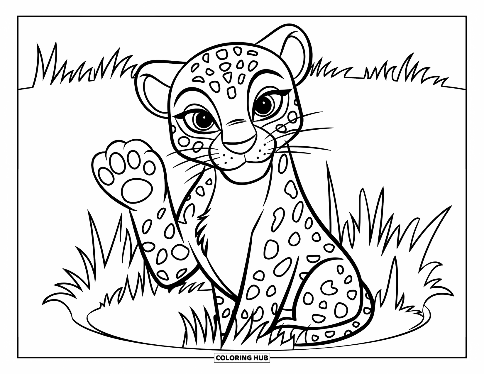 Leopard Coloring Page for Kids: Smiling leopard waves from a grassy patch on a sunny day